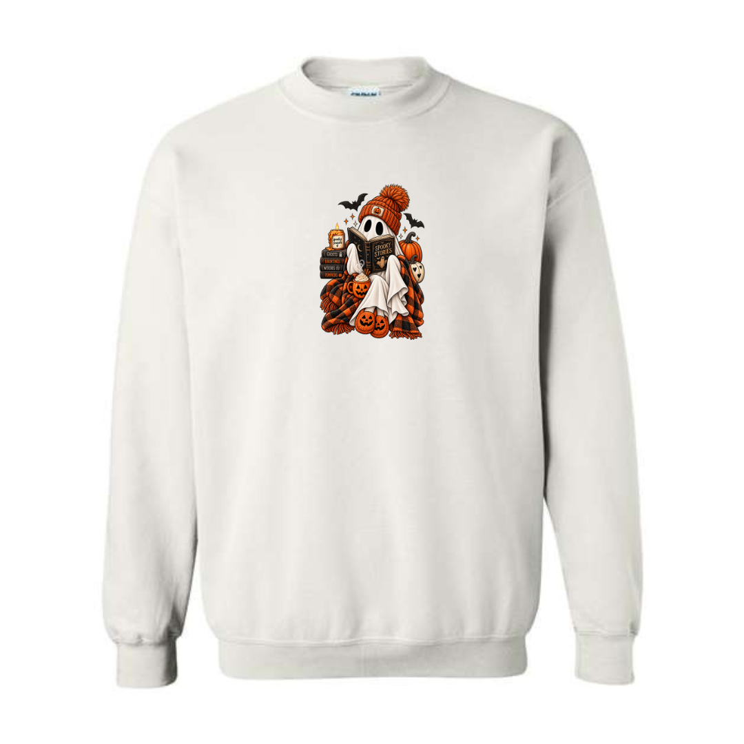 Spooky Stories design on white crewneck sweatshirt