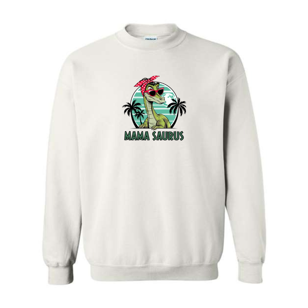 Mama Saurus design on white crewneck sweatshirt