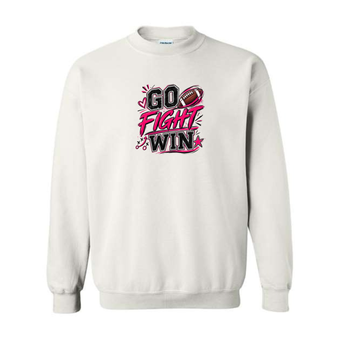 Go Fight Win design on white crewneck sweatshirt