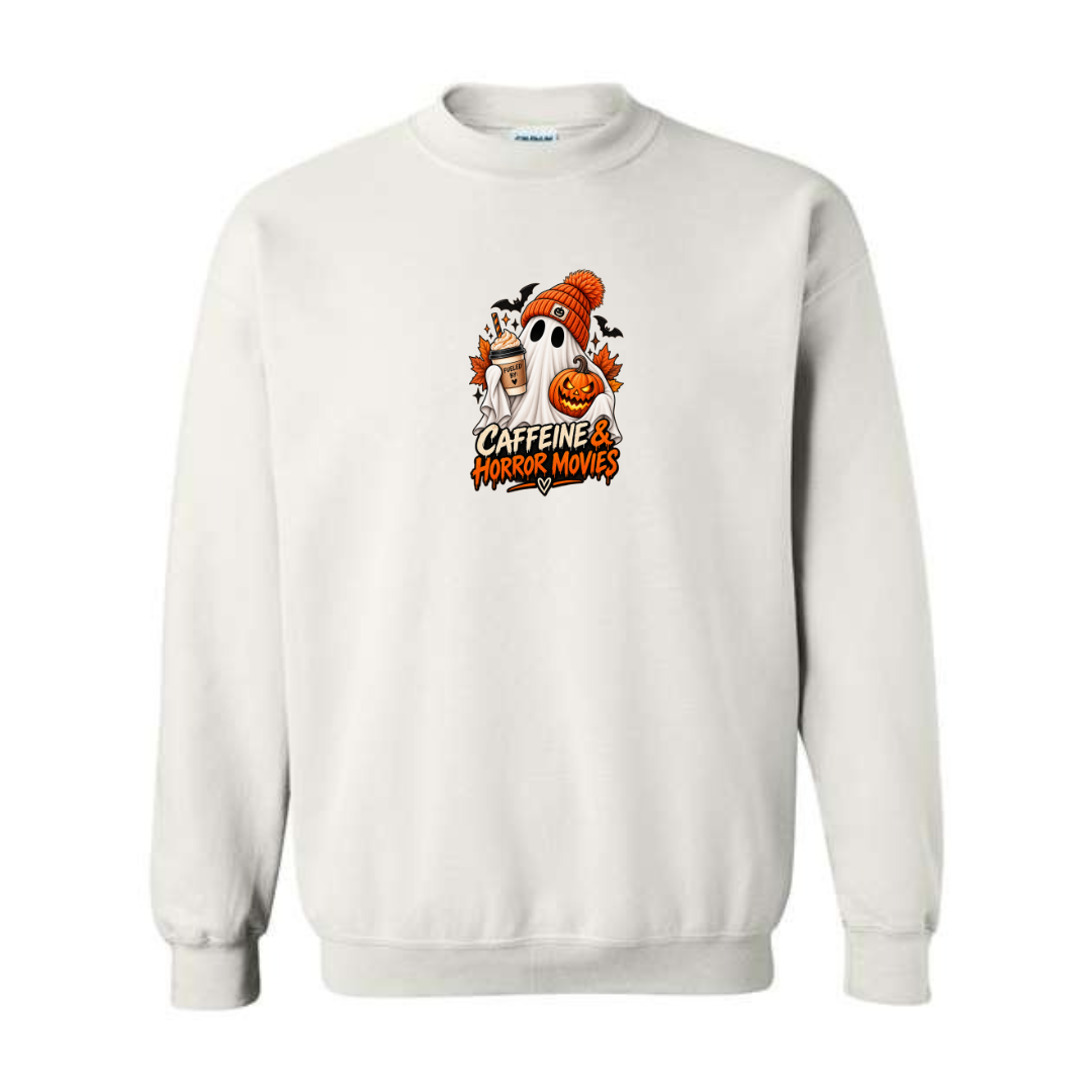 Caffeine & Horror Movies design on white crewneck sweatshirt
