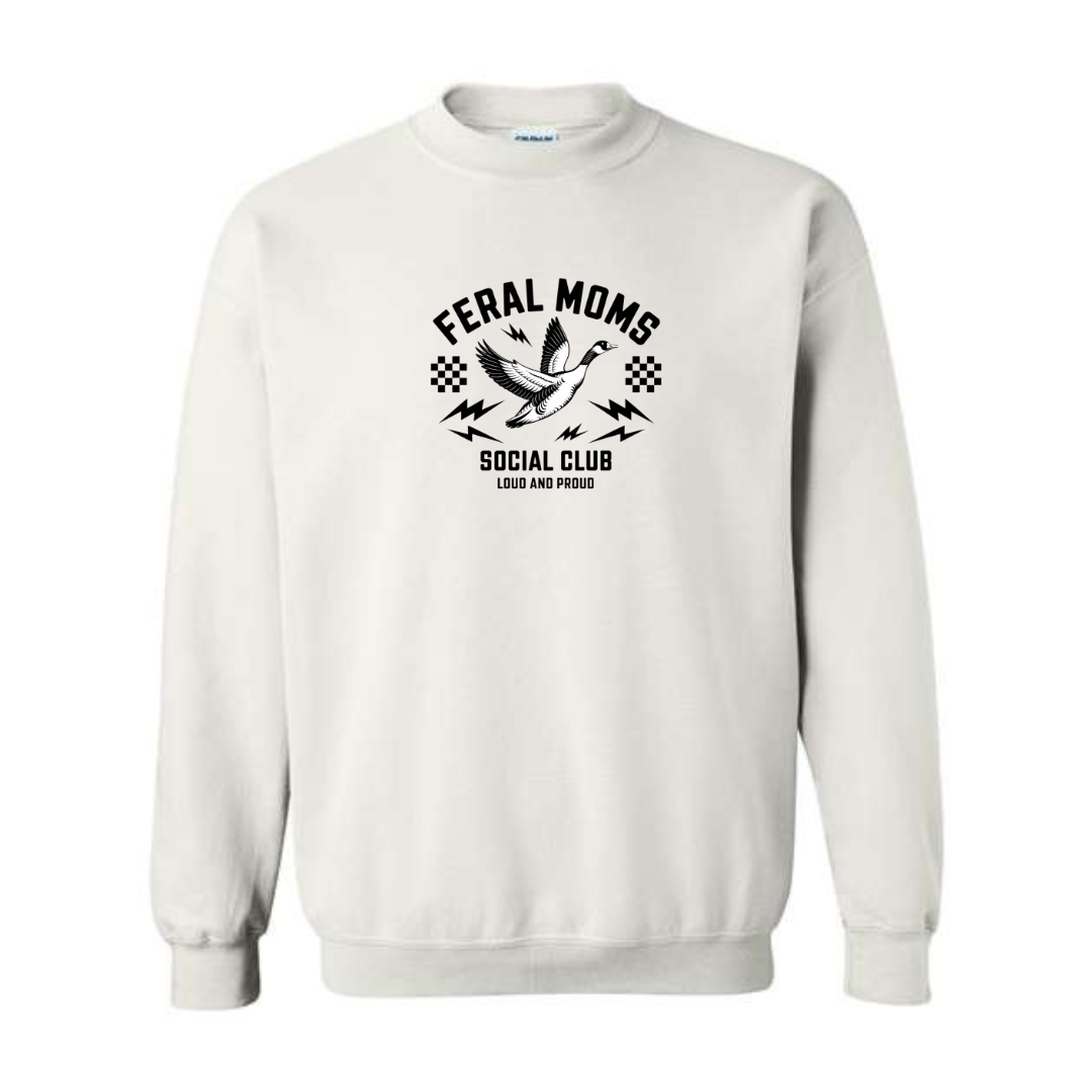 Feral Moms Social Club design on white crewneck sweatshirt