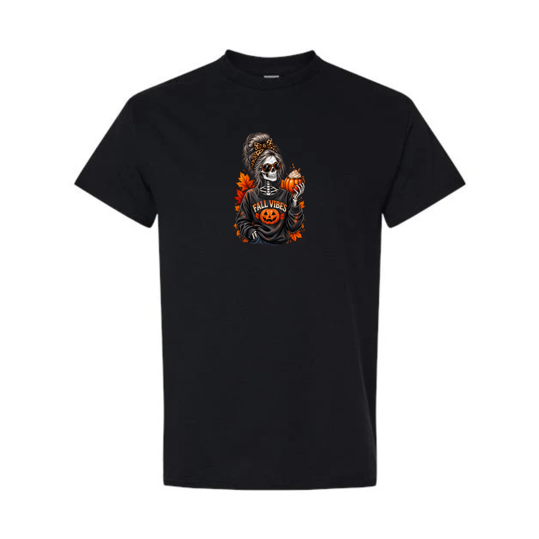 Fall Vibes Skeleton design on black short sleeve tee