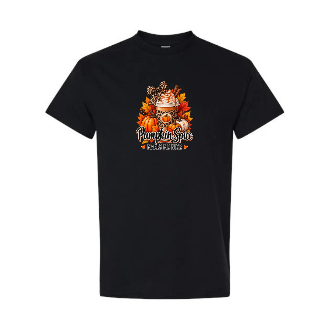 Pumpkin Spice Makes Me Nice design on black short sleeve tee
