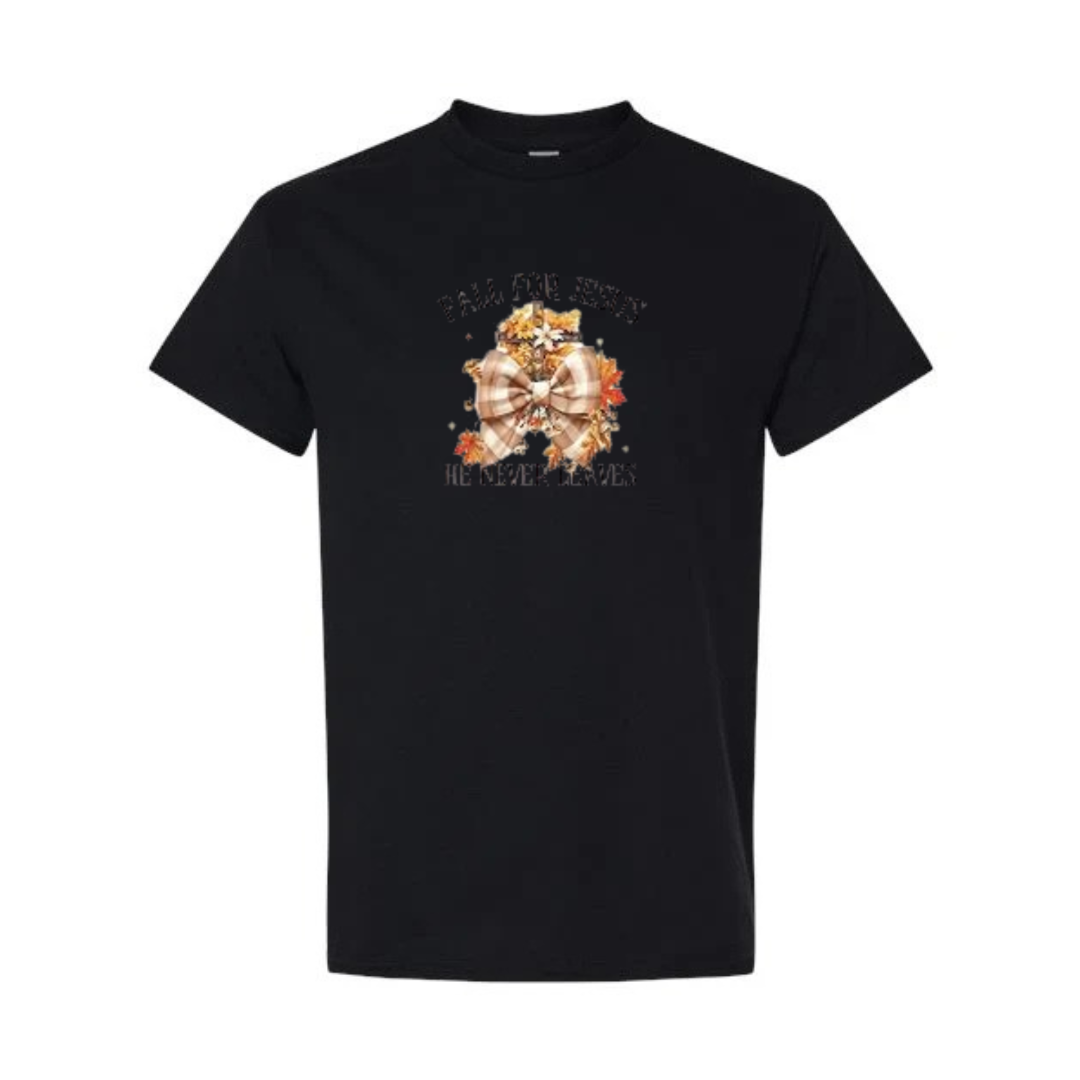 Fall For Jesus He Never Leaves design on black short sleeve tee