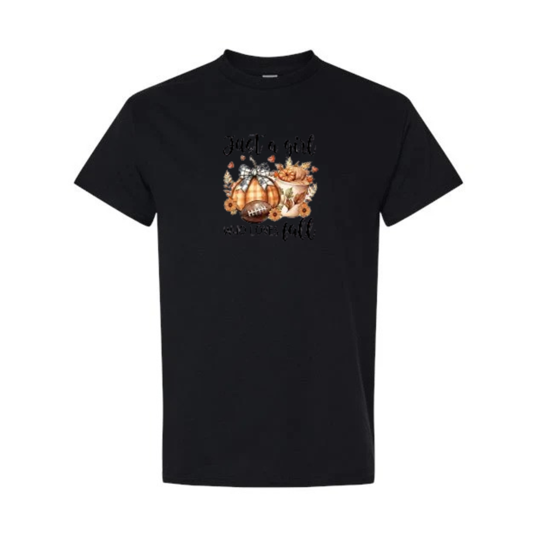 Just A Girl Who Loves Fall design on black short sleeve tee