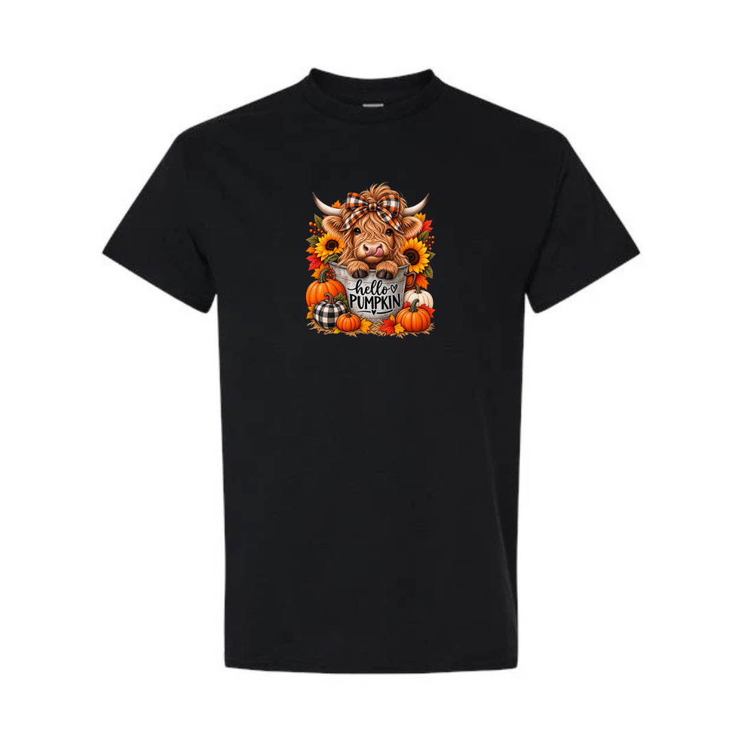 Hello Pumpkin Highland Cow design on black short sleeve tee