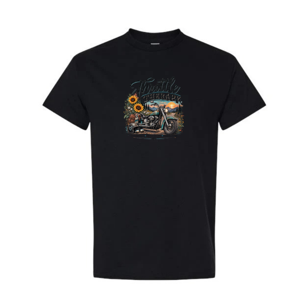 Throttle Therapy design on black short sleeve tee