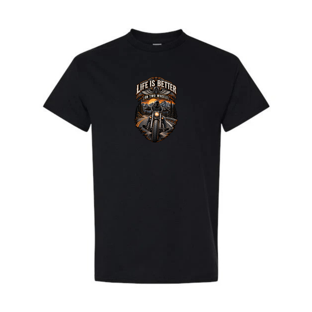 Life Is Better On Two Wheels design on black short sleeve tee