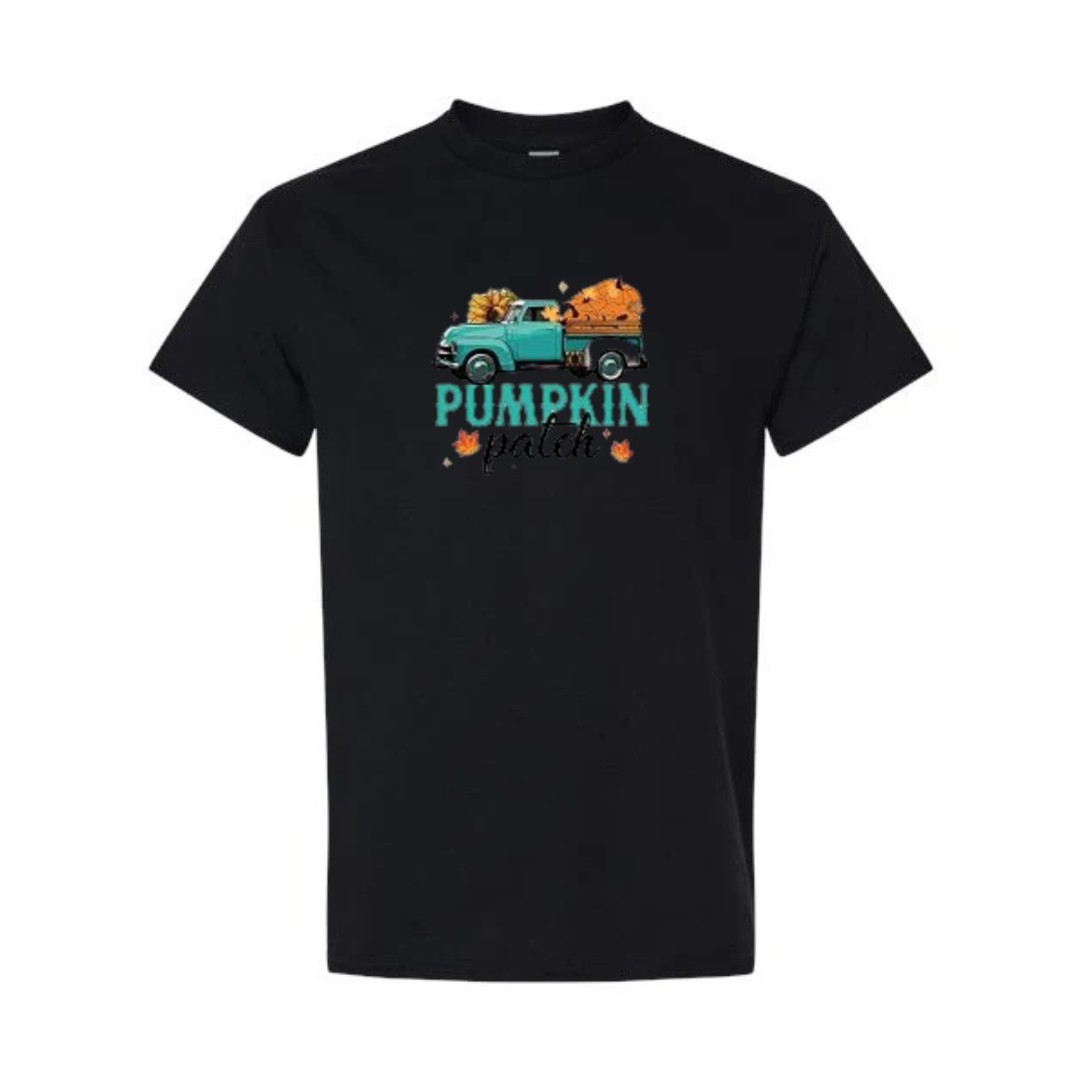Pumpkin Patch design on black short sleeve tee