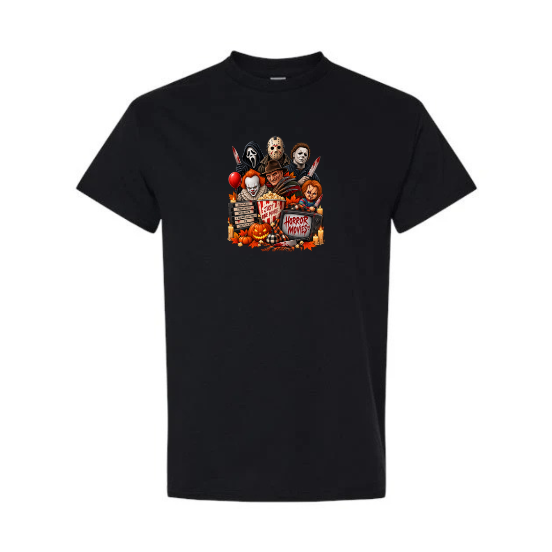 Just One More Horror Movie design on black short sleeve tee