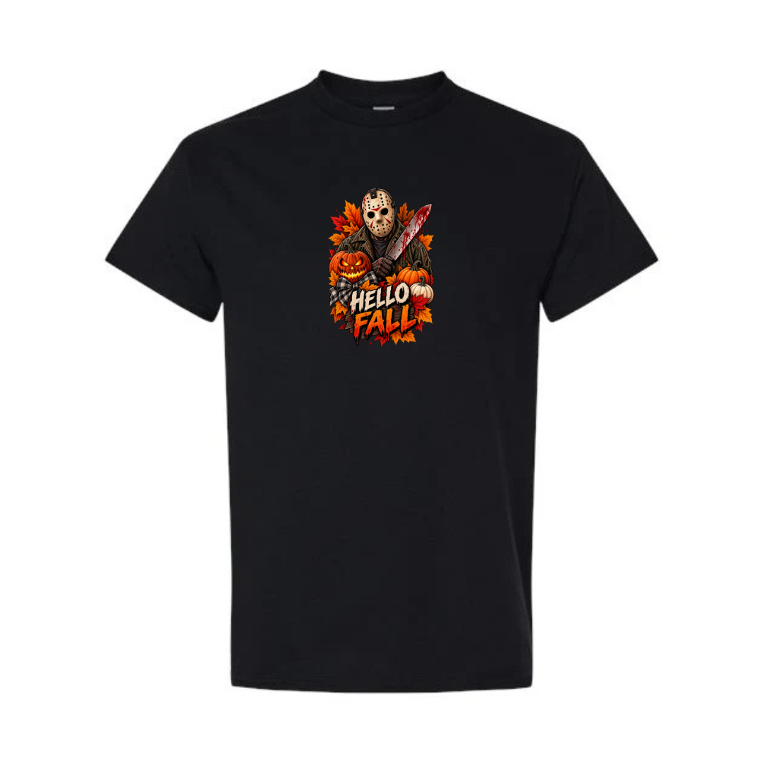 Hello Fall design on black short sleeve tee
