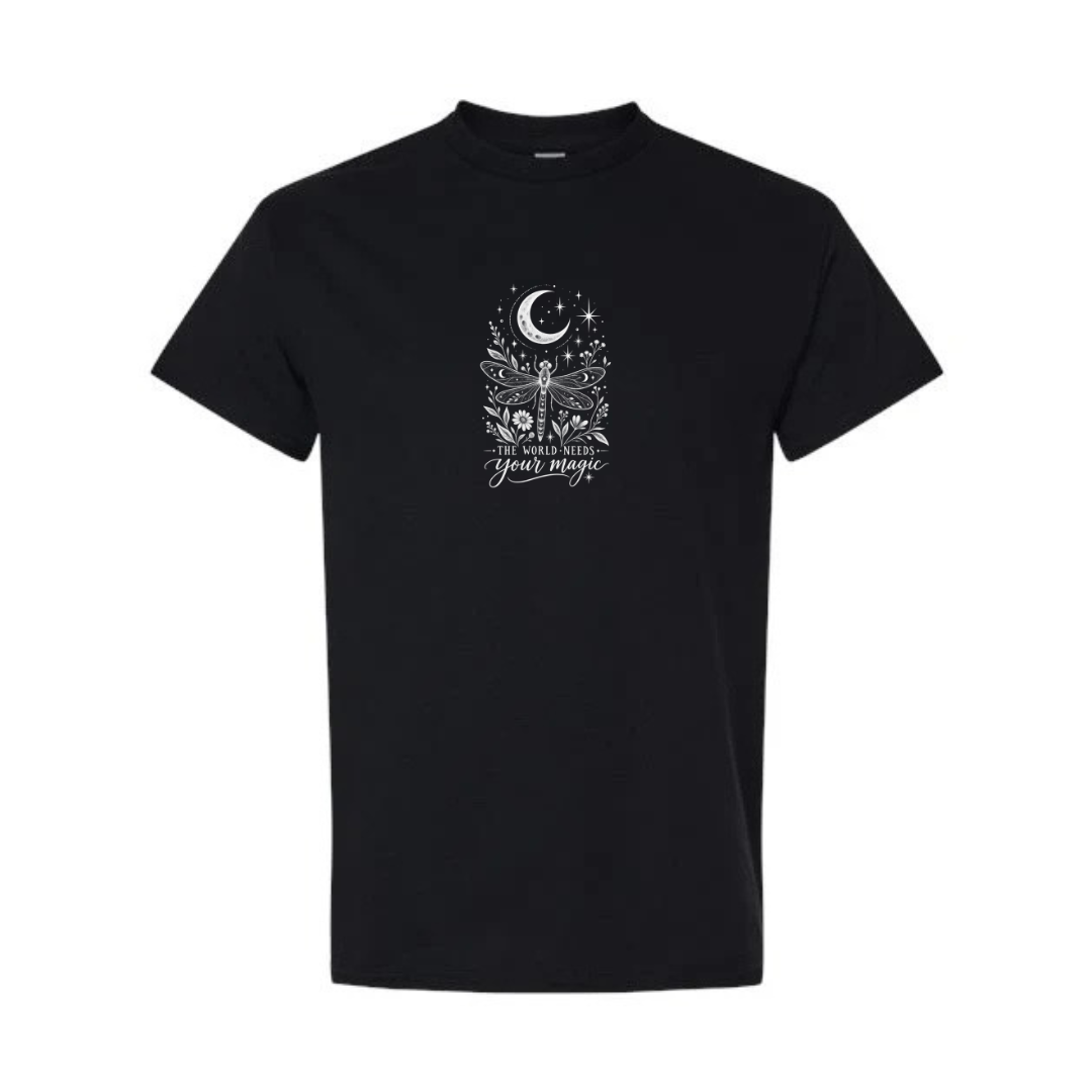 The World Needs Your Magic design on black short sleeve tee