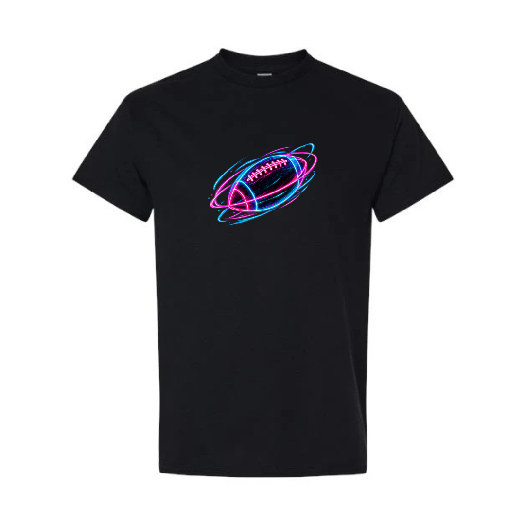 Neon Football design on black short sleeve tee