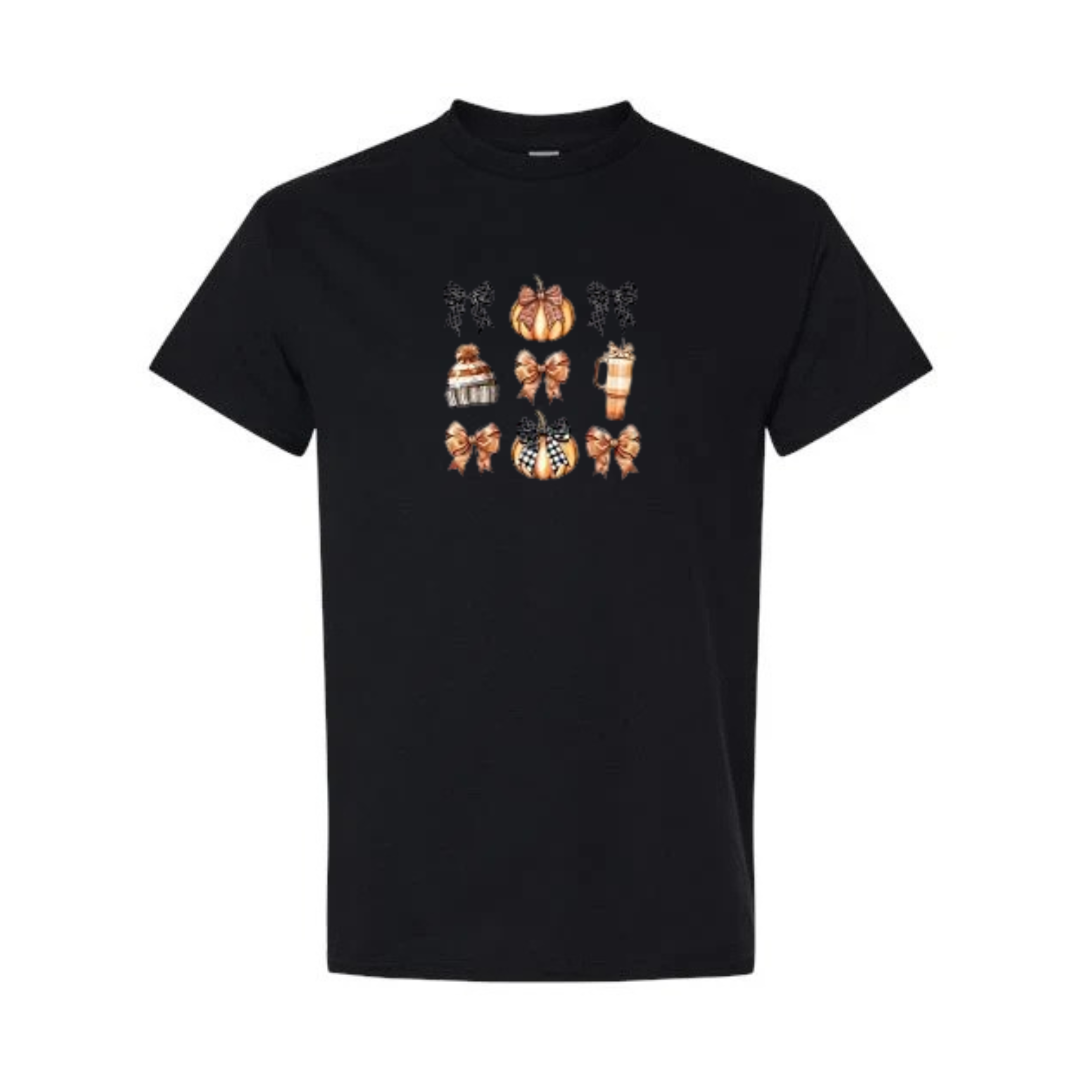 Cozy Bows and Brews design on black short sleeve tee