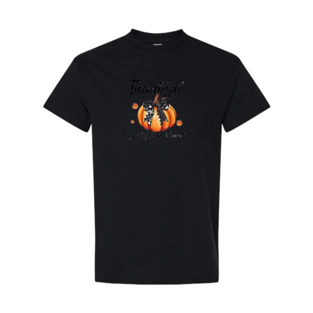 Thankful Grateful Blessed design on black short sleeve tee
