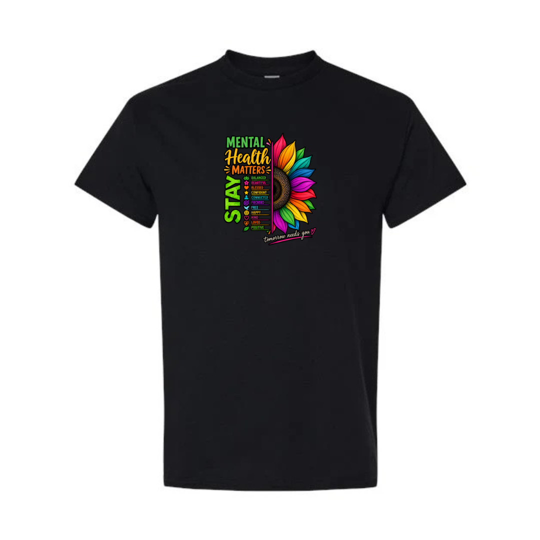 Mental Health Matters — Rainbow Sunflower design on black short sleeve tee