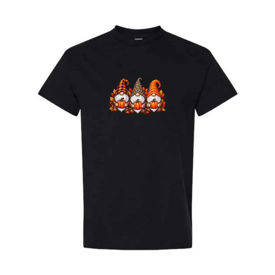 Fall Gnomes design on black short sleeve tee