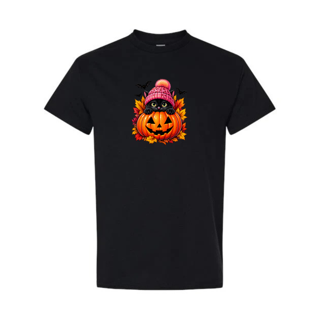 Black Cat Jack-O-Lantern design on black short sleeve tee