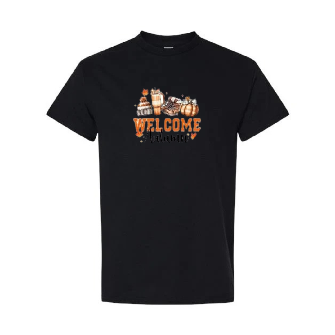 Welcome Autumn design on black short sleeve tee