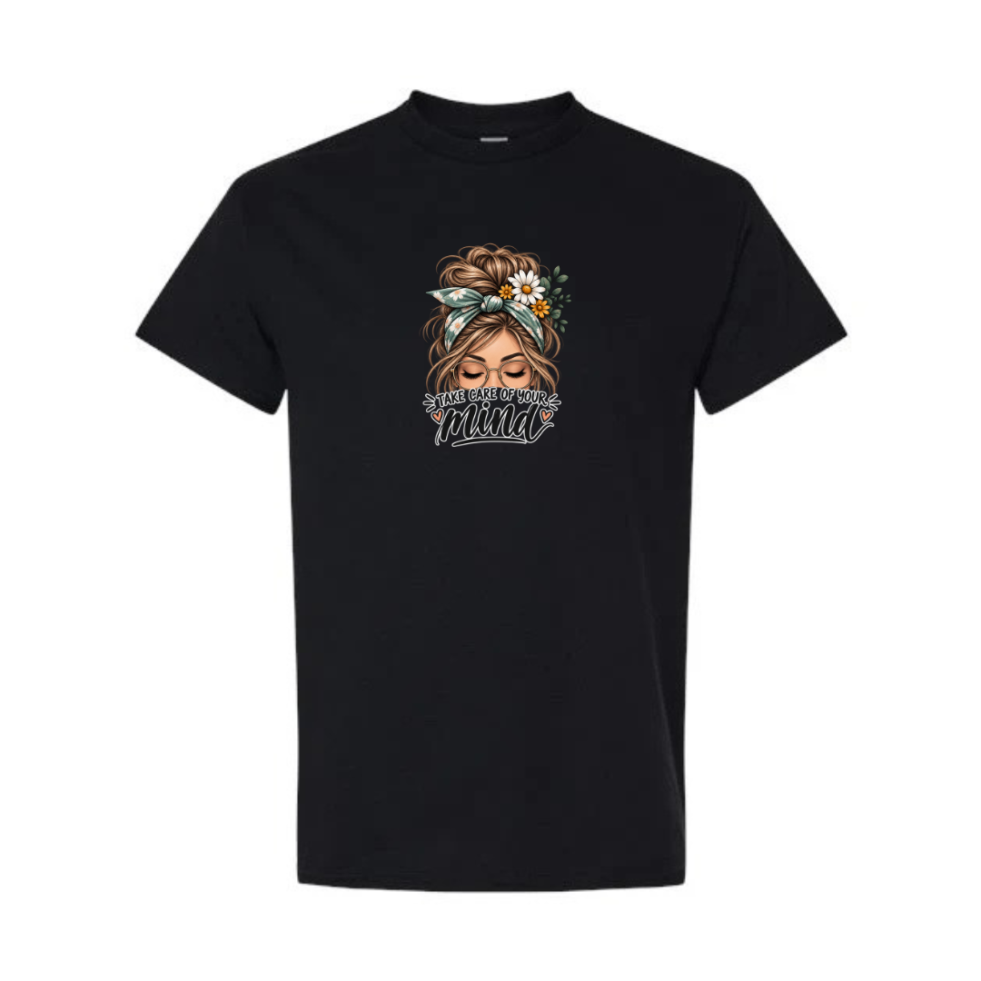 Take Care of Your Mind design on black short sleeve tee