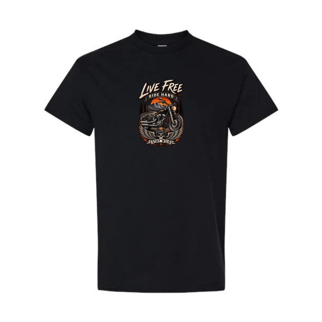 Live Free Ride Hard design on black short sleeve tee