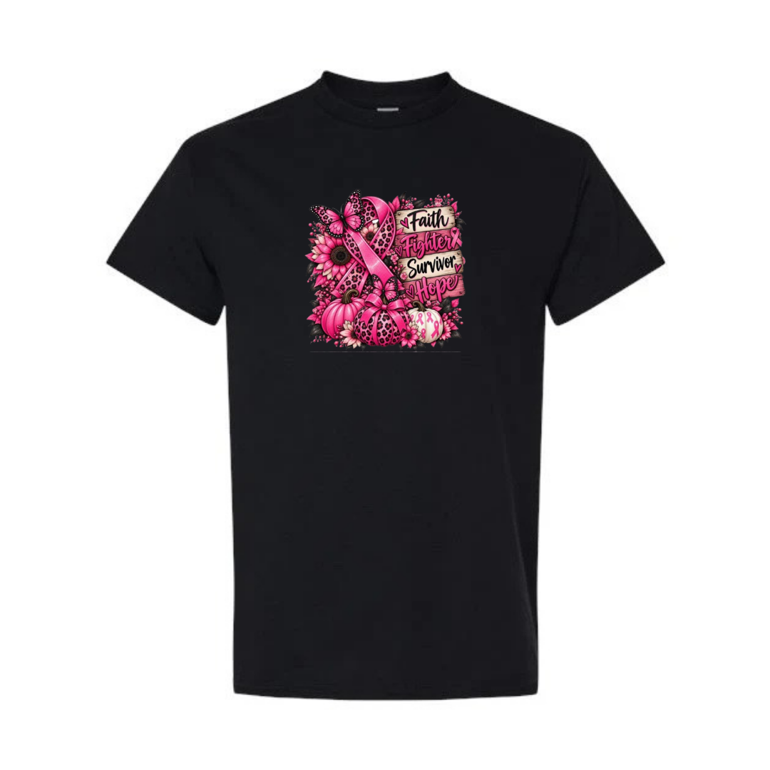 Faith Fighter Survivor Hope design on black short sleeve tee