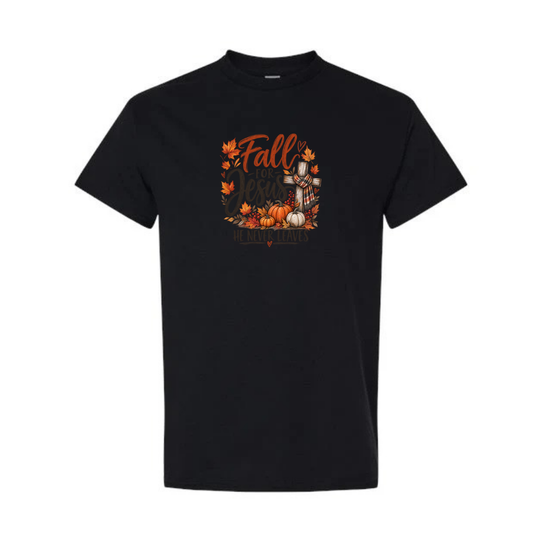 Fall For Jesus He Never Leaves — Watercolor design on black short sleeve tee