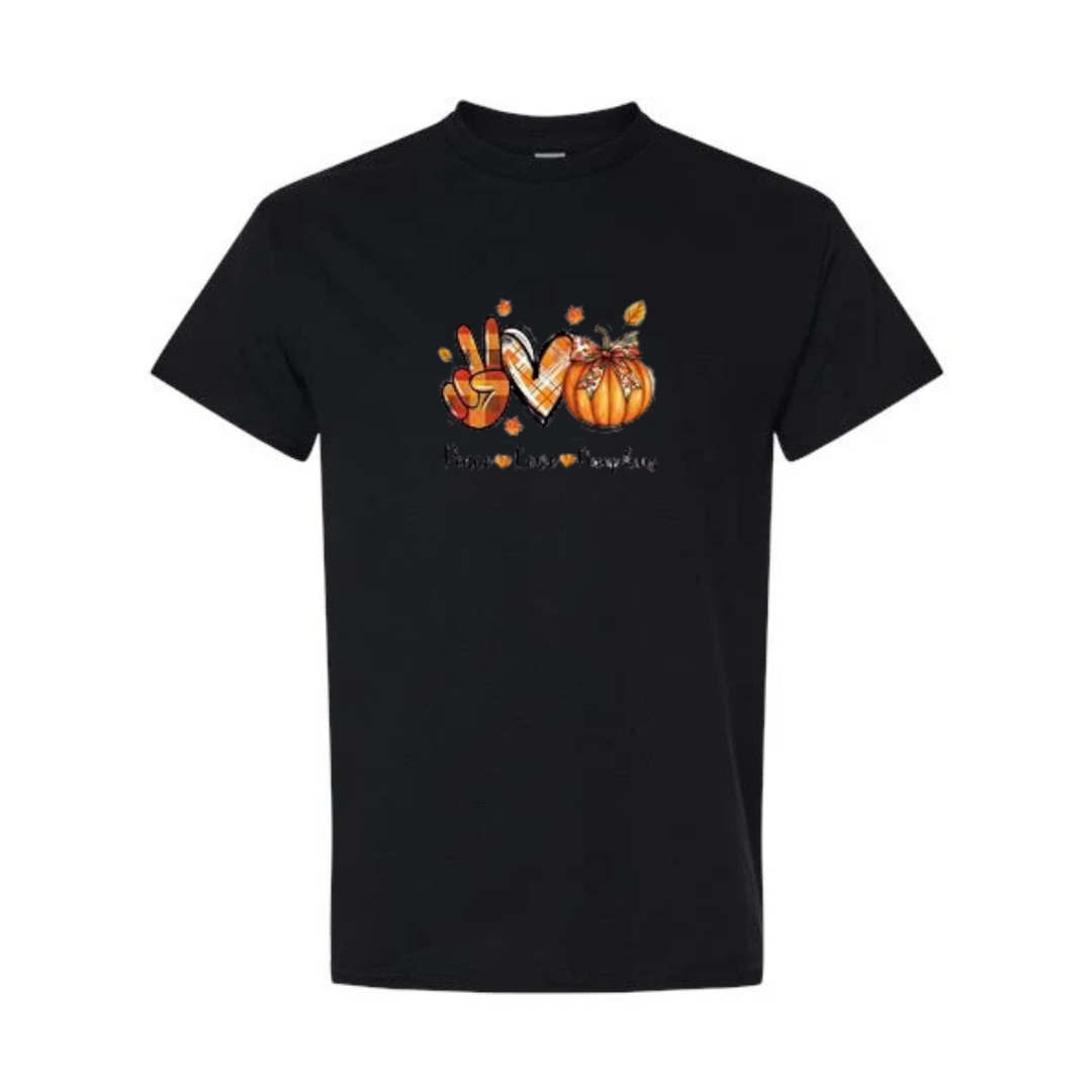 Peace Love Pumpkins design on black short sleeve tee