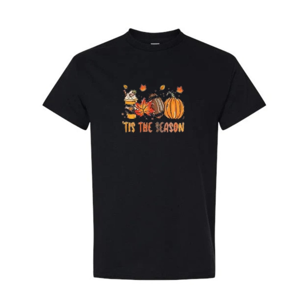 Tis The Season design on black short sleeve tee