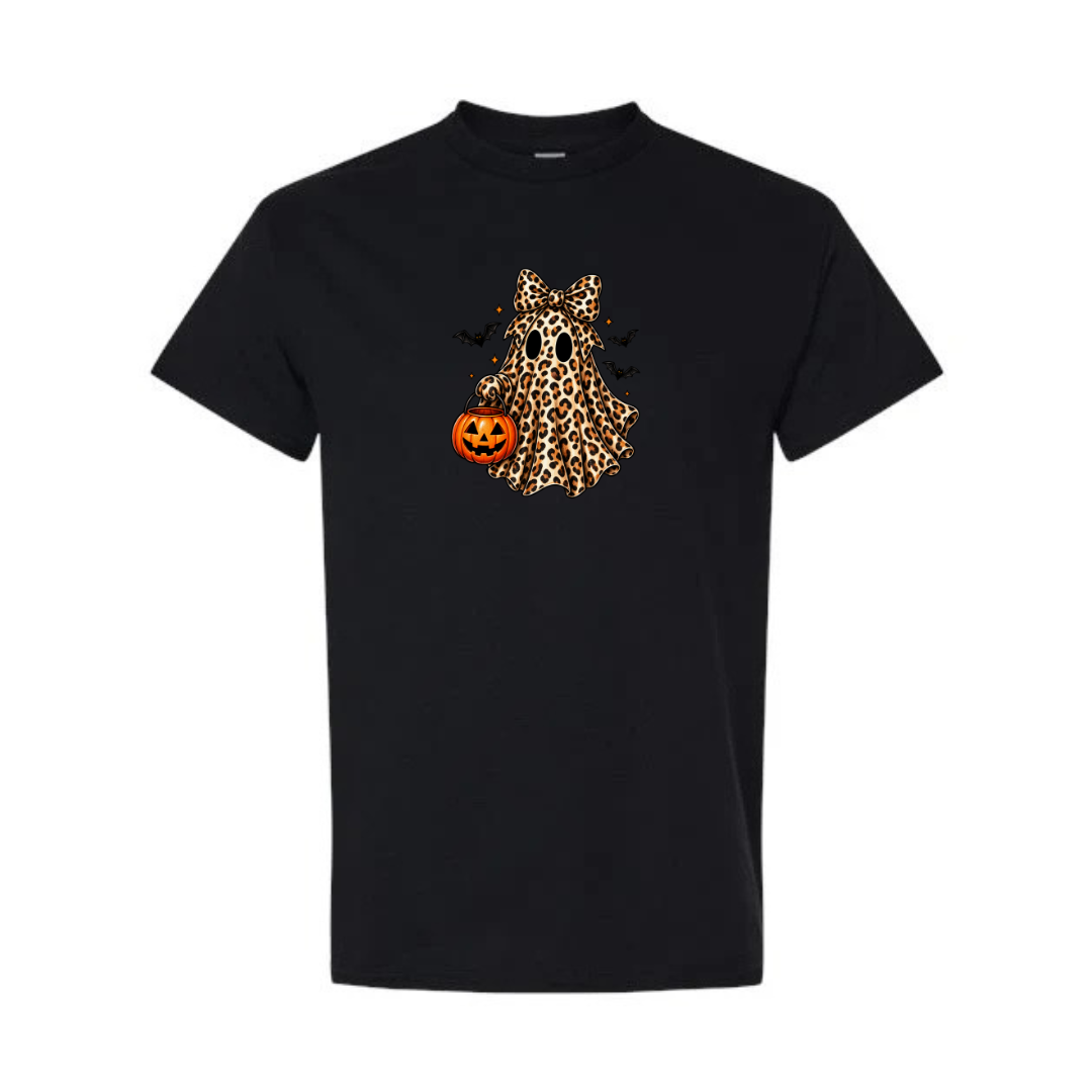 Leopard Ghost With Pumpkin Pail design on black short sleeve tee