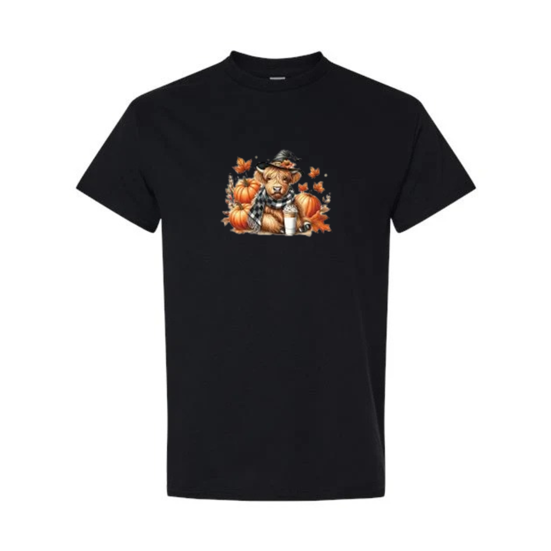 Cozy Highland Cow design on black short sleeve tee