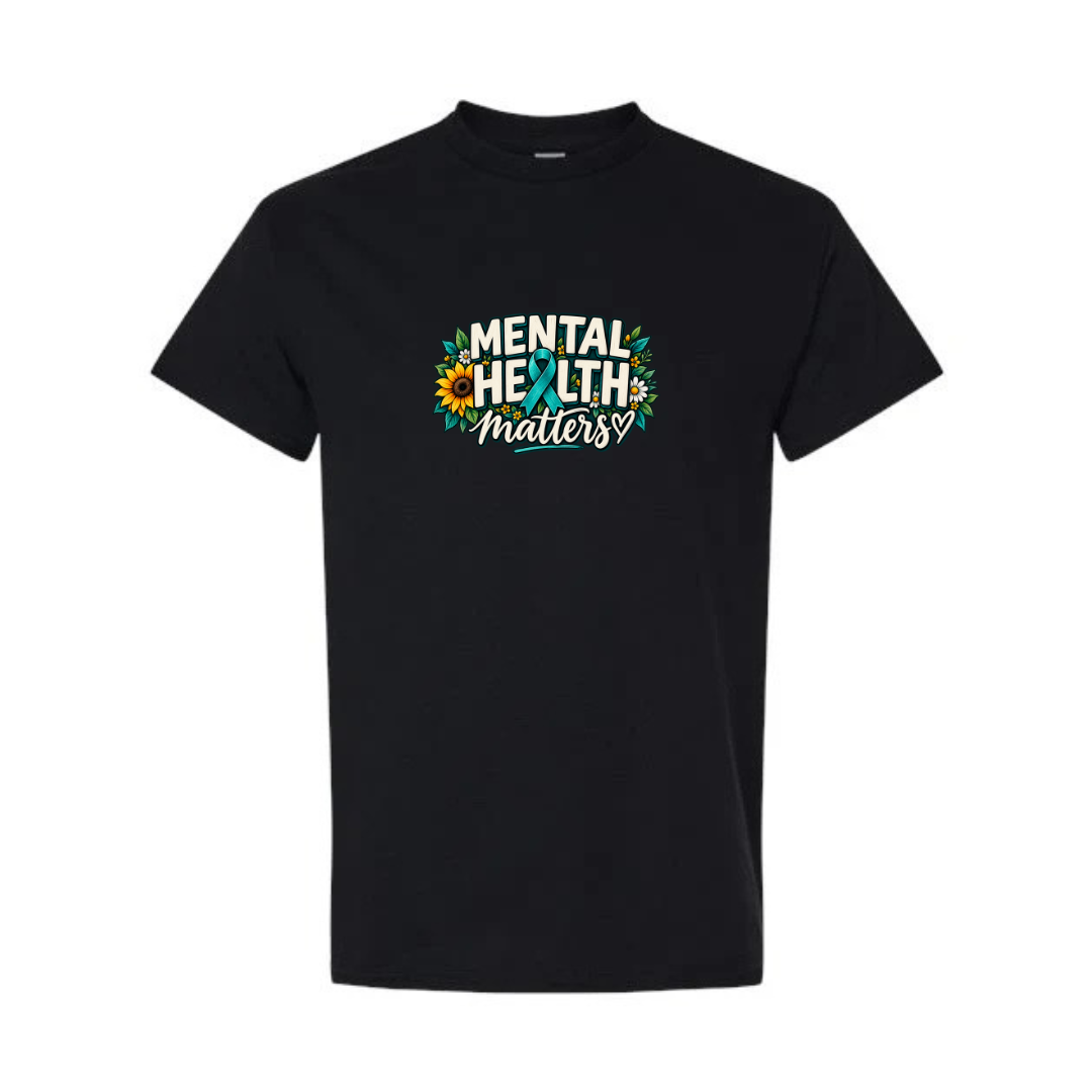 Mental Health Matters — Teal Ribbon design on black short sleeve tee