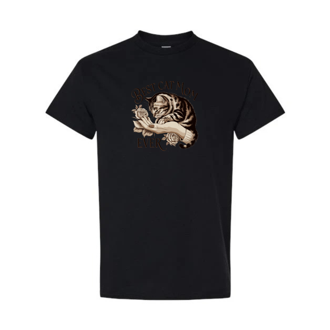 Best Cat Mom Ever design on black short sleeve tee