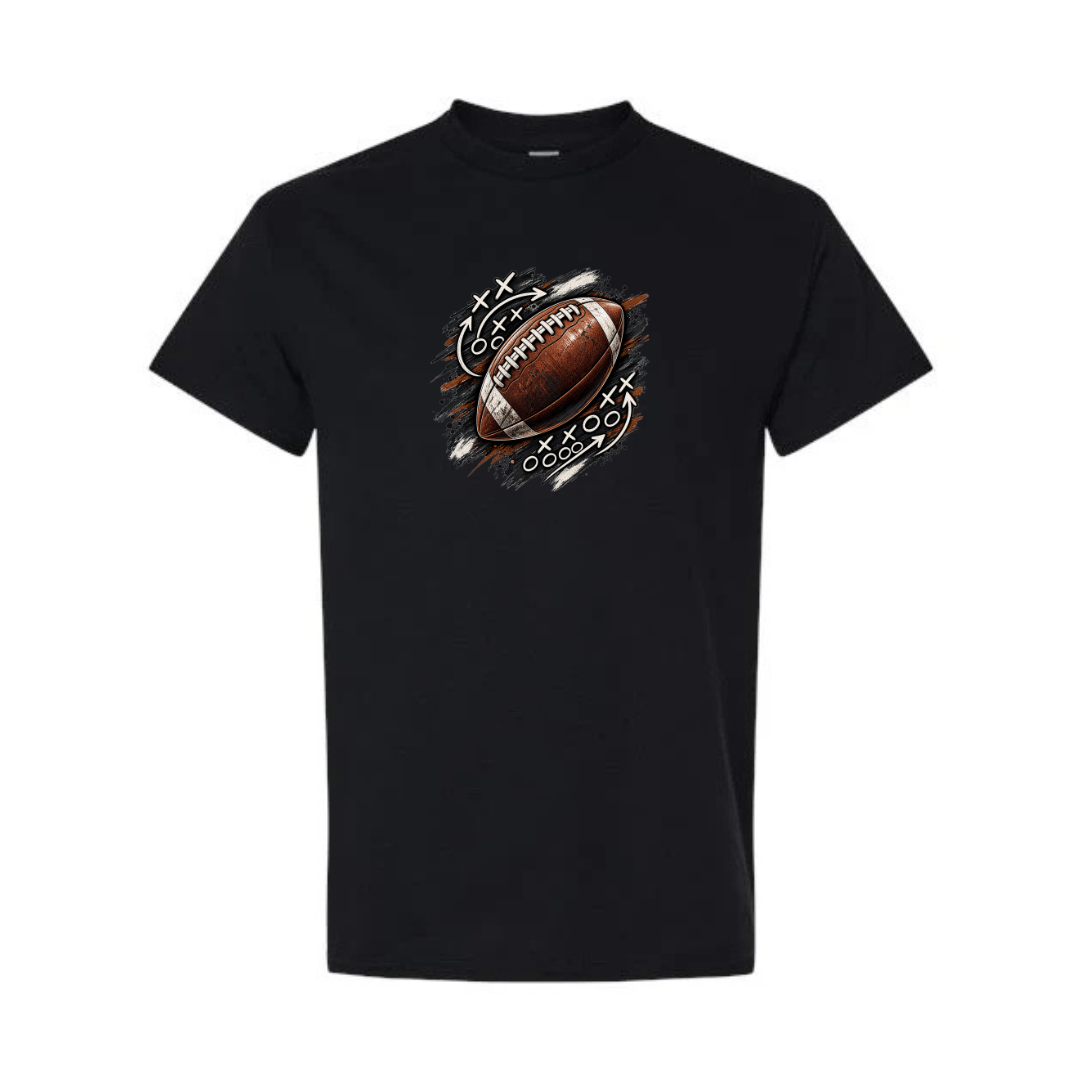 Football Playbook design on black short sleeve tee