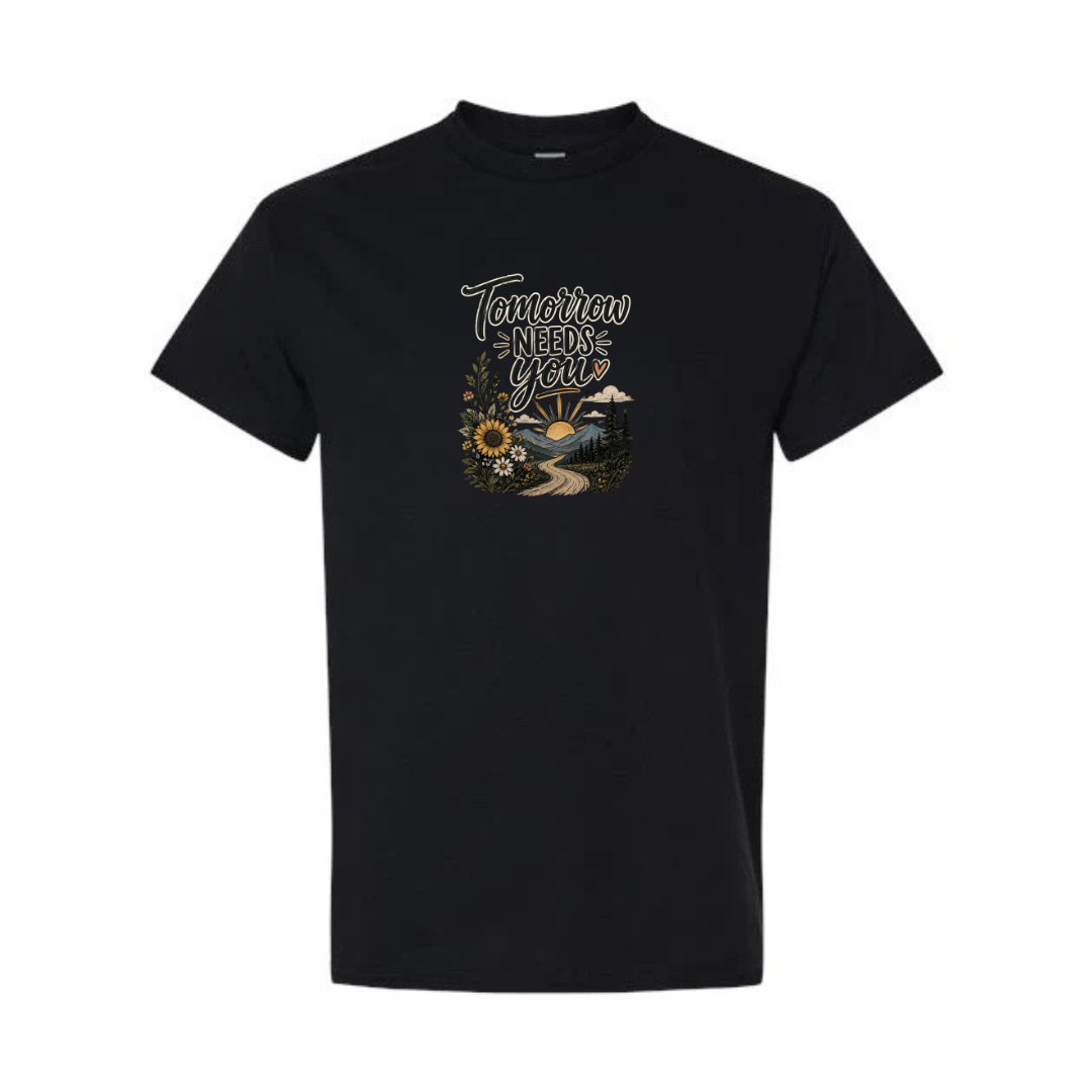 Tomorrow Needs You design on black short sleeve tee