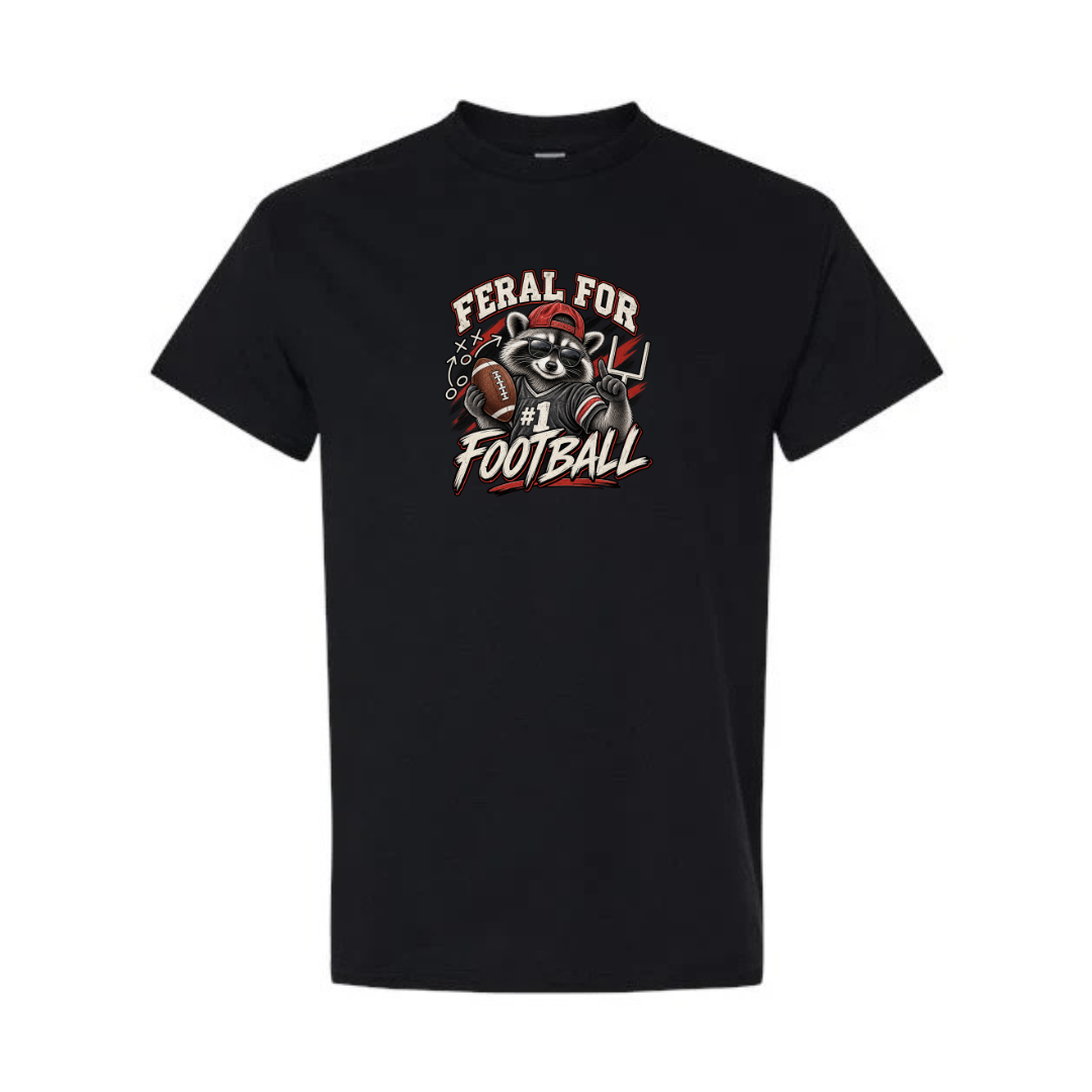 Feral For Football — Varsity Red design on black short sleeve tee