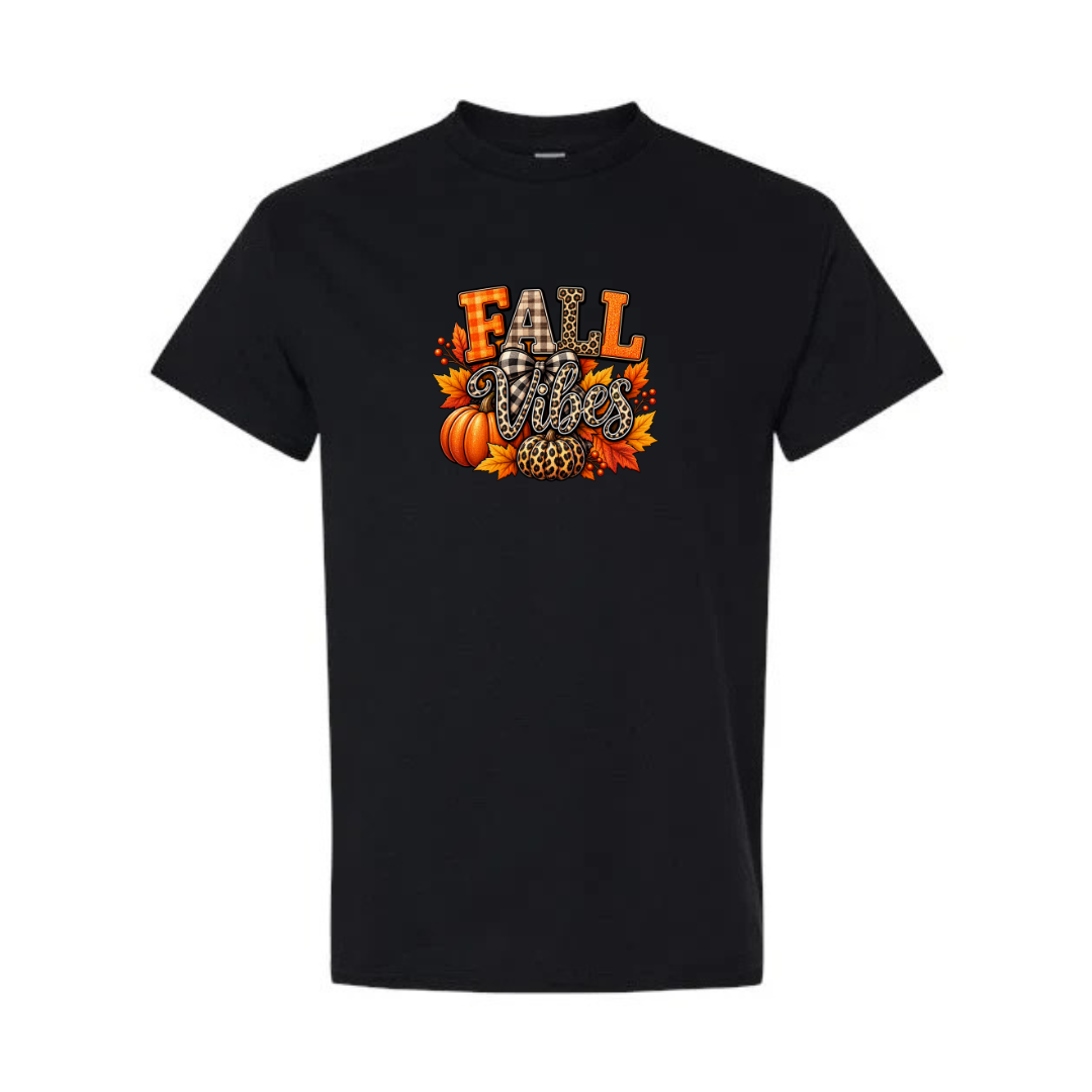 Fall Vibes design on black short sleeve tee