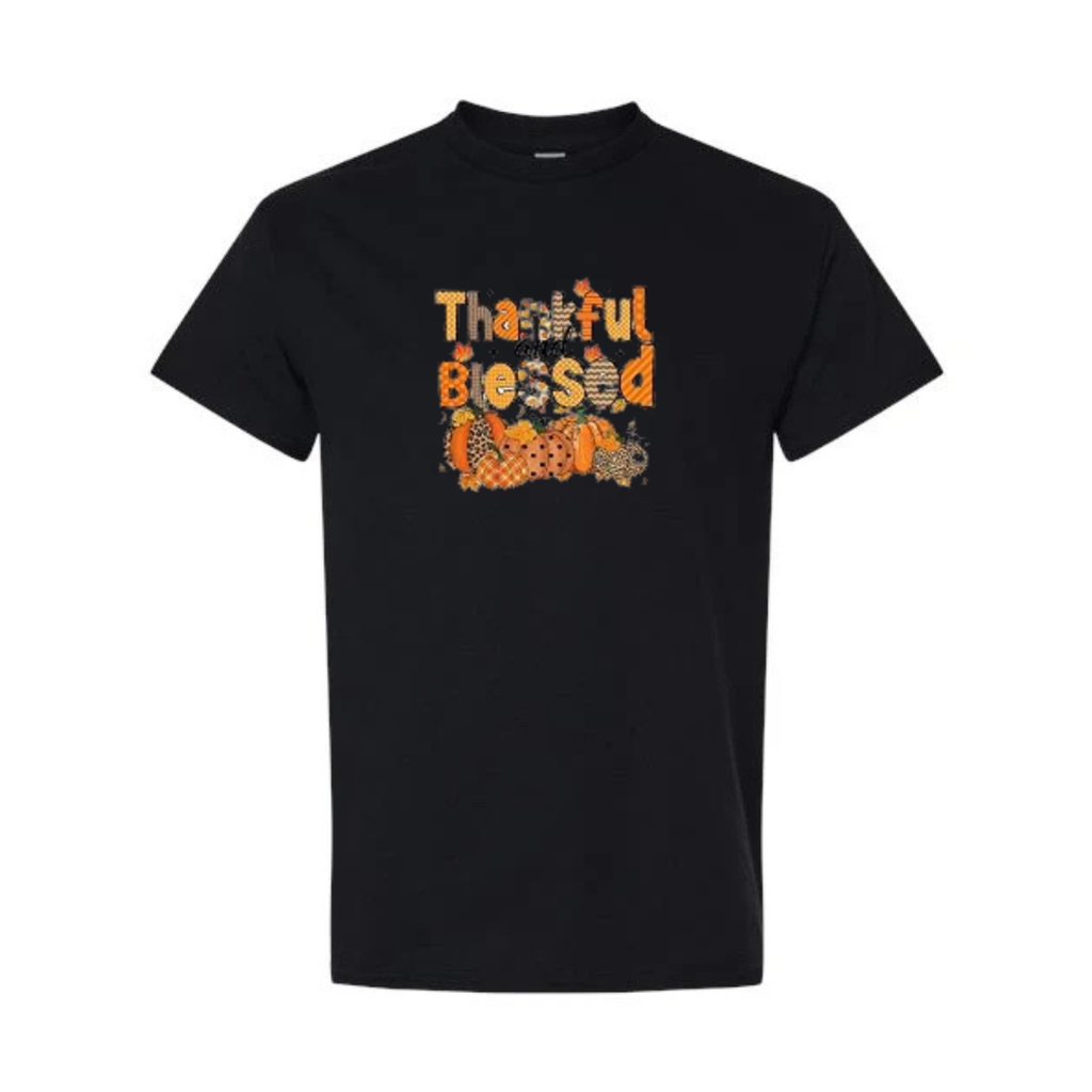 Thankful And Blessed design on black short sleeve tee