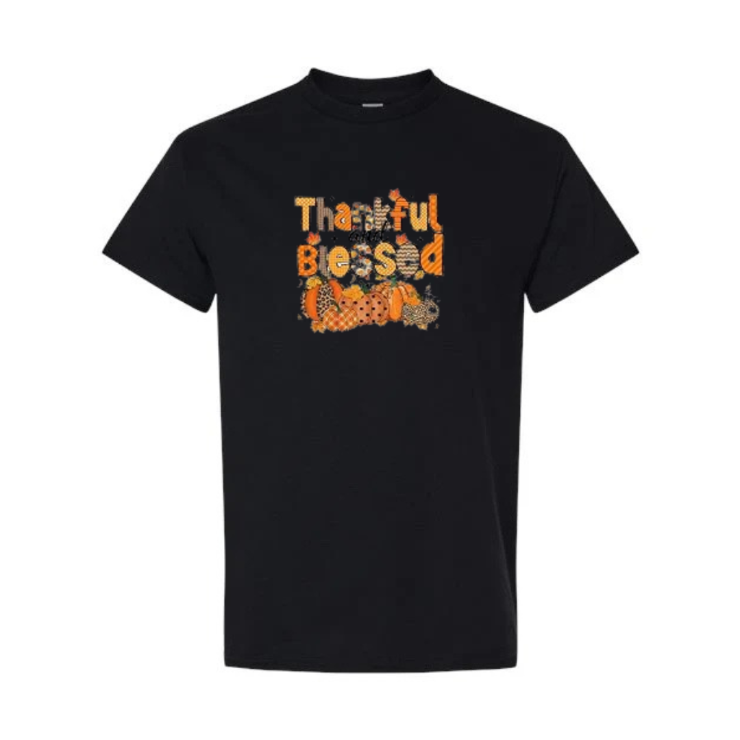 Thankful And Blessed design on black short sleeve tee