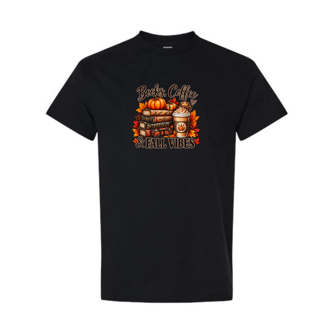 Books Coffee & Fall Vibes design on black short sleeve tee