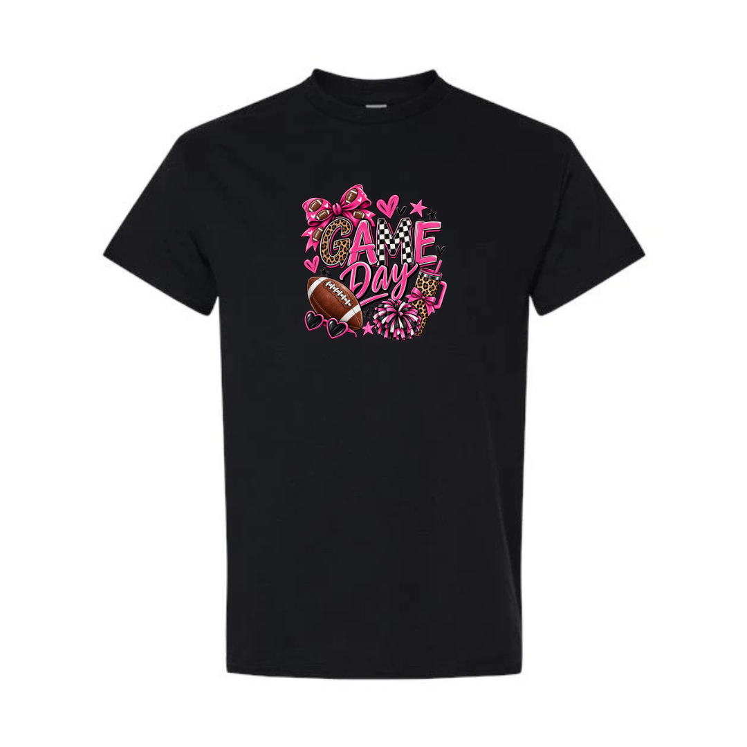Game Day — Pink Leopard design on black short sleeve tee