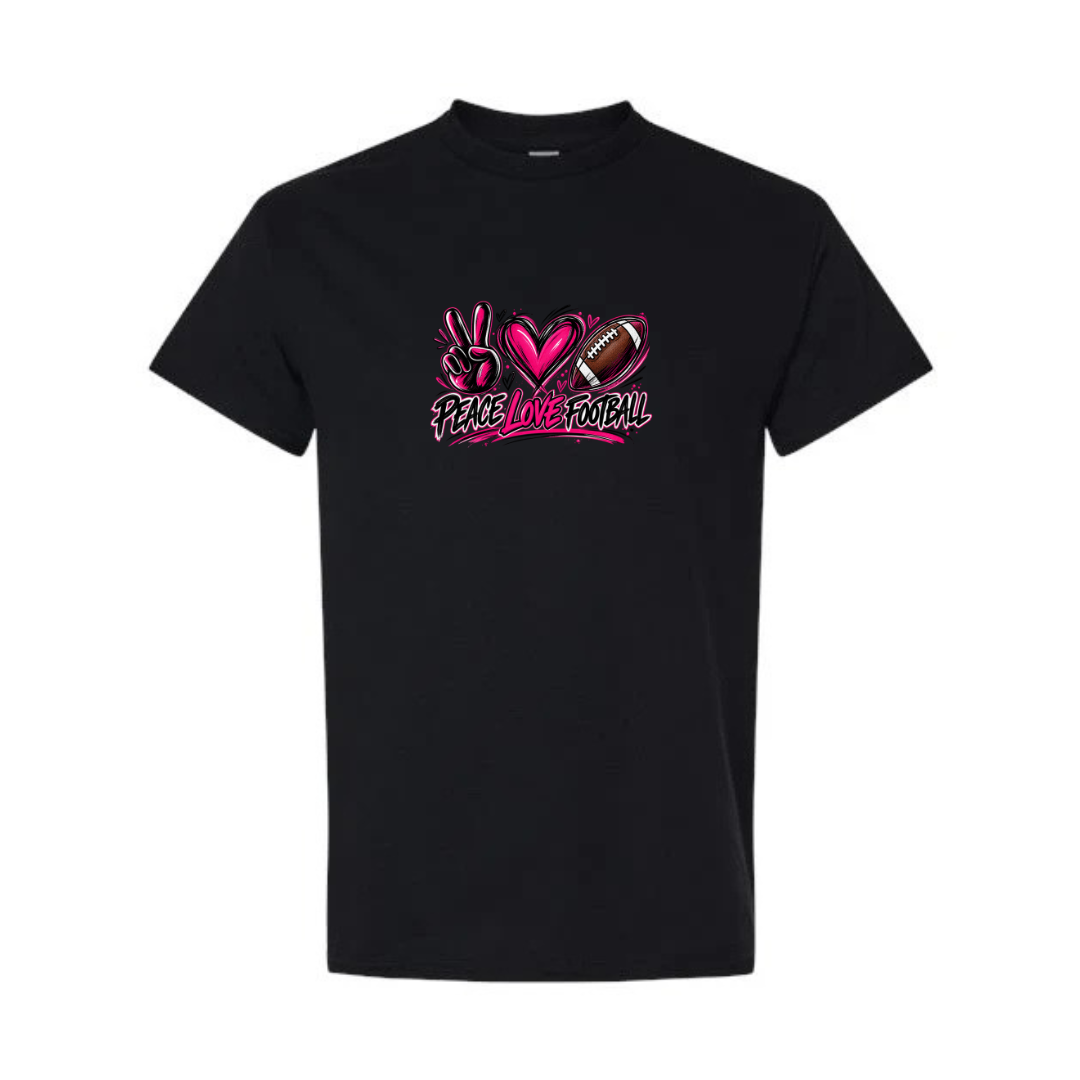 Peace Love Football design on black short sleeve tee
