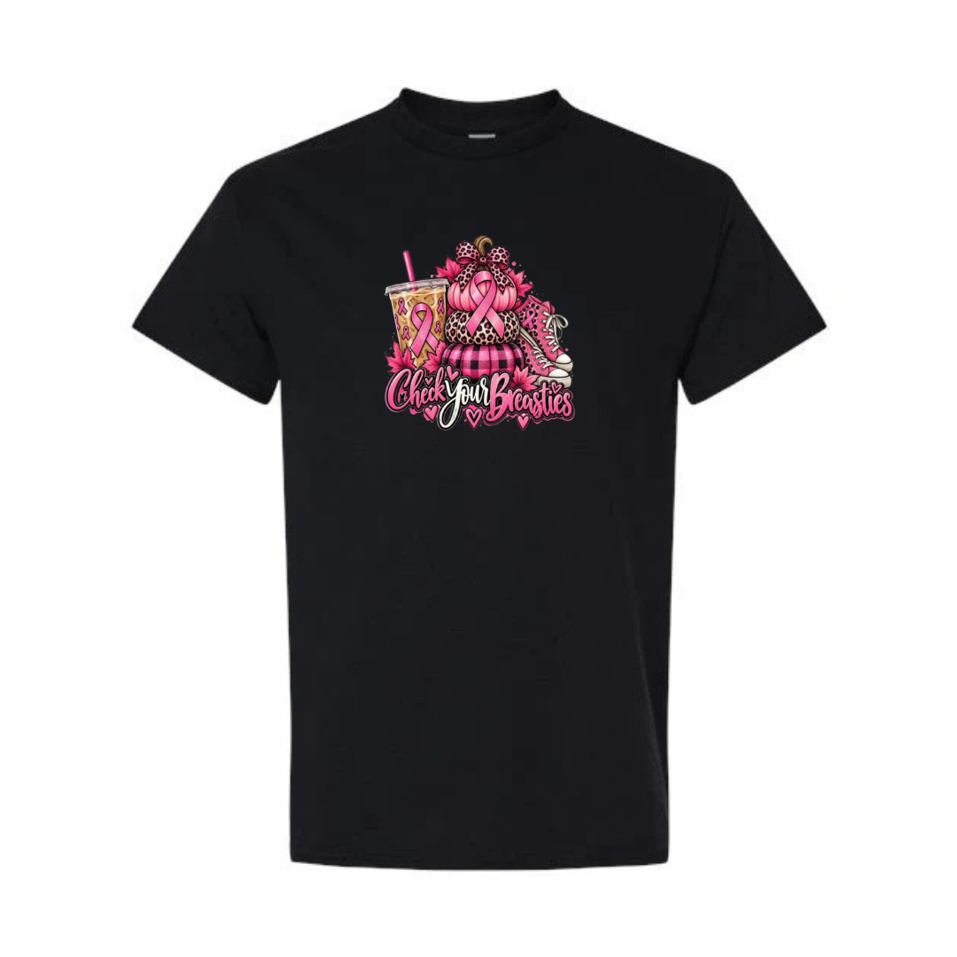 Check Your Breasties design on black short sleeve tee