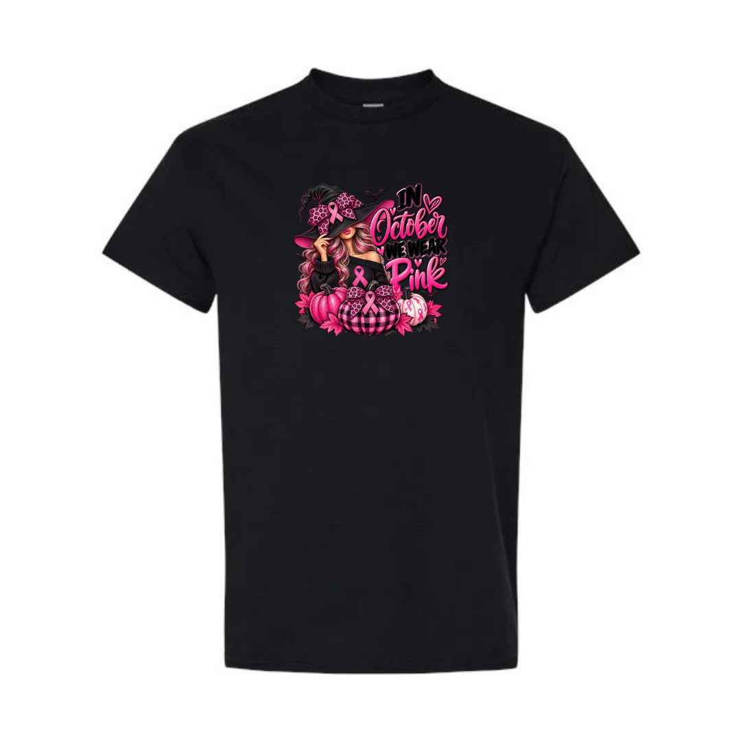 In October We Wear Pink — Witch Hat design on black short sleeve tee