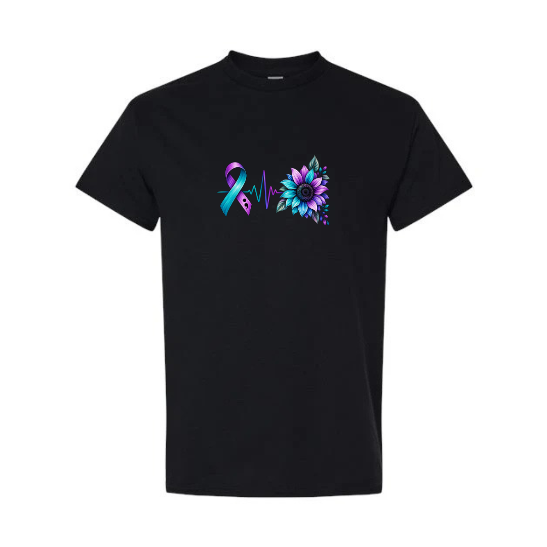 Suicide Prevention Ribbon Sunflower design on black short sleeve tee