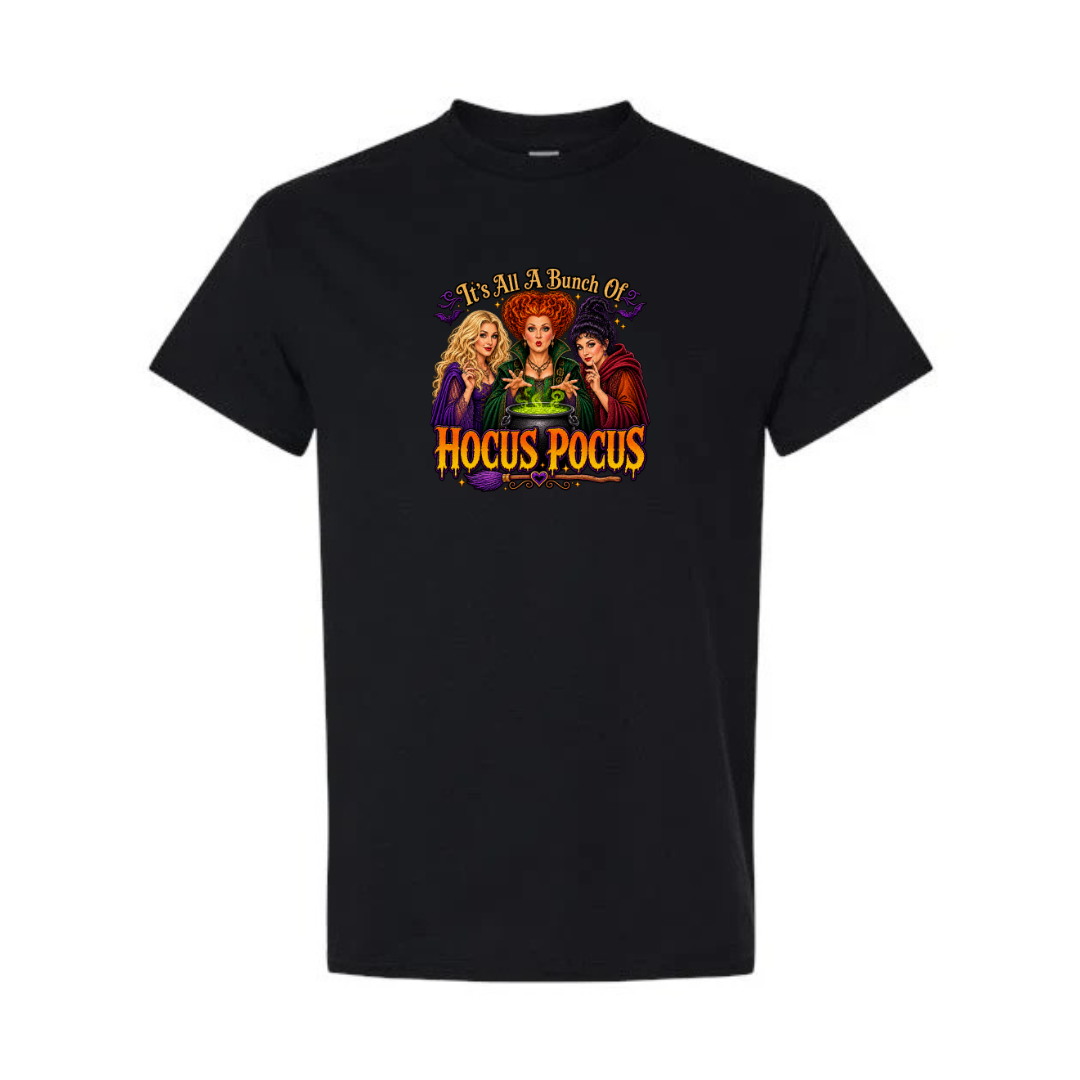 It's All A Bunch Of Hocus Pocus design on black short sleeve tee