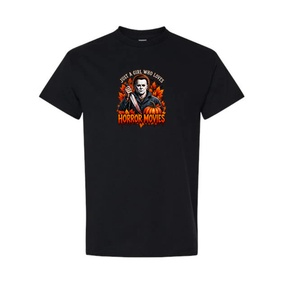 Just A Girl Who Loves Horror Movies design on black short sleeve tee