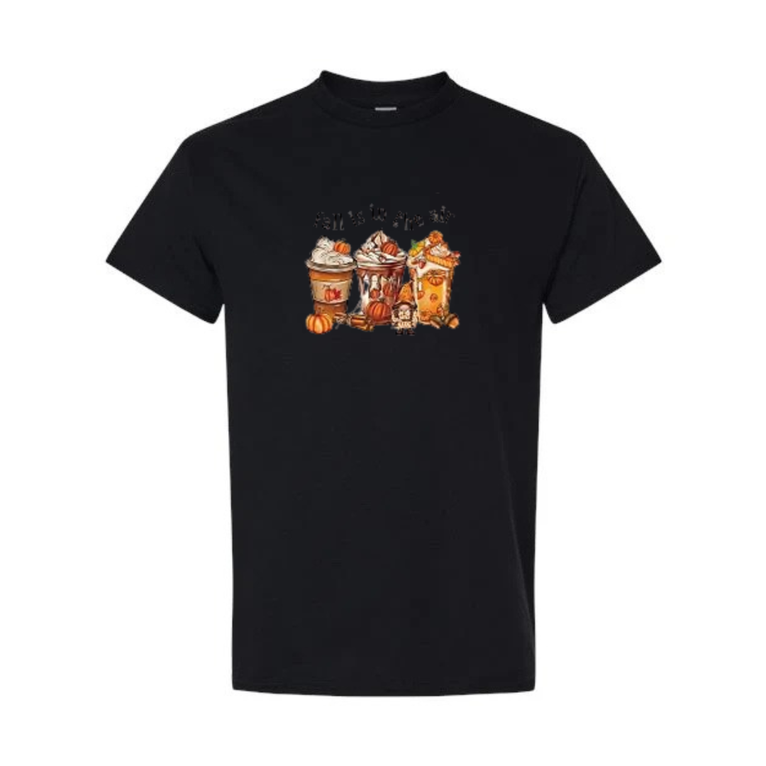 Pumpkin Spice Season design on black short sleeve tee