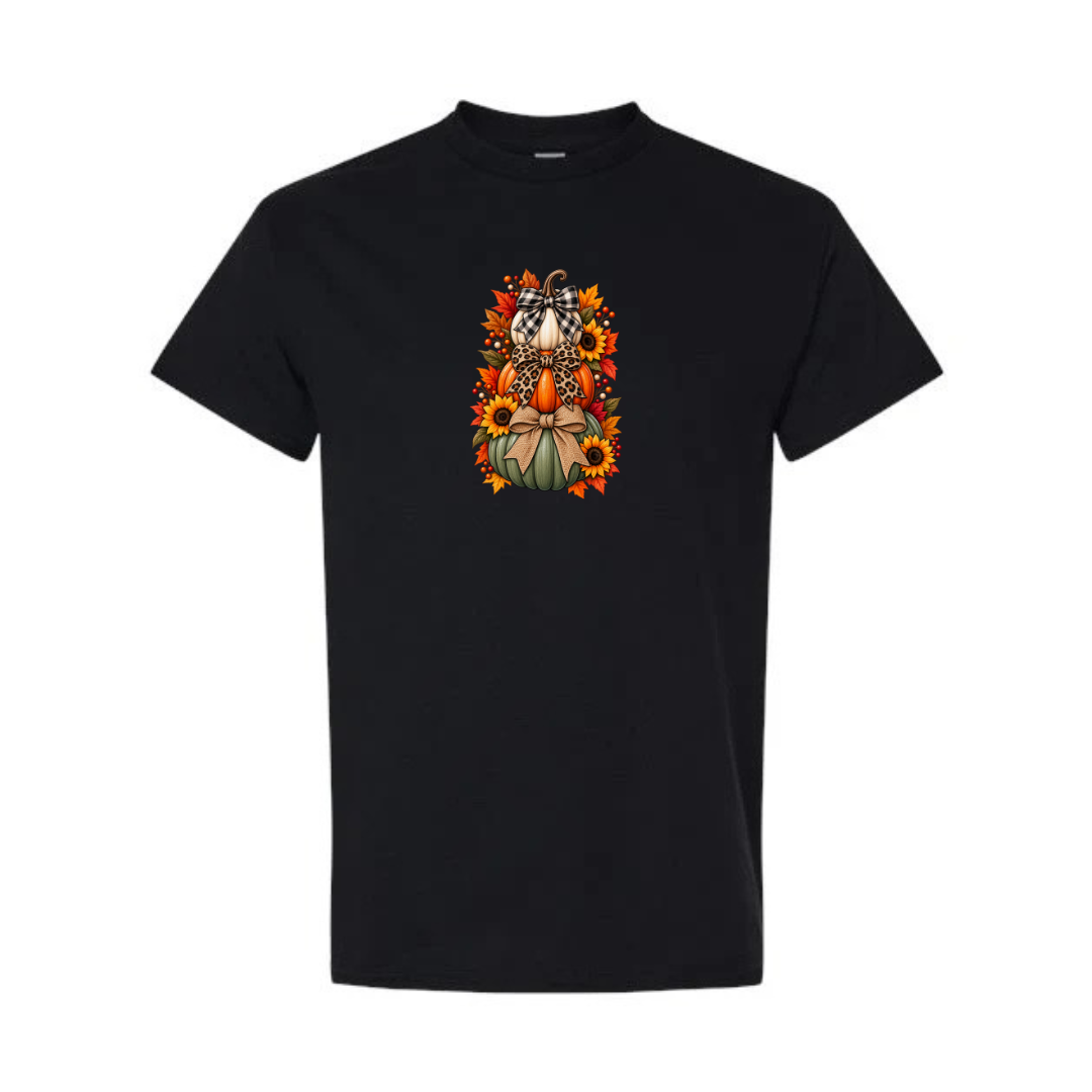 Stacked Pumpkins With Bows design on black short sleeve tee