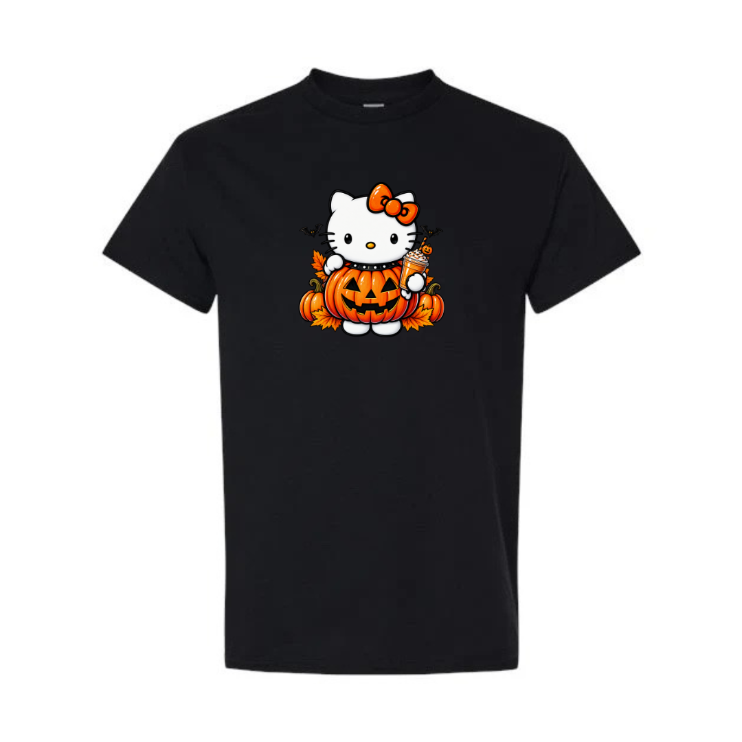 Kitty Pumpkin Latte design on black short sleeve tee
